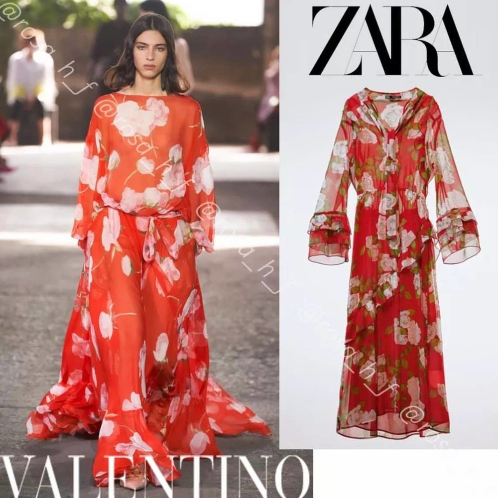 ZARA FLOWY RUFFLE TRIM LONG DRESS WITH TIE ROSE PRINT RED - Picture 3 of 16